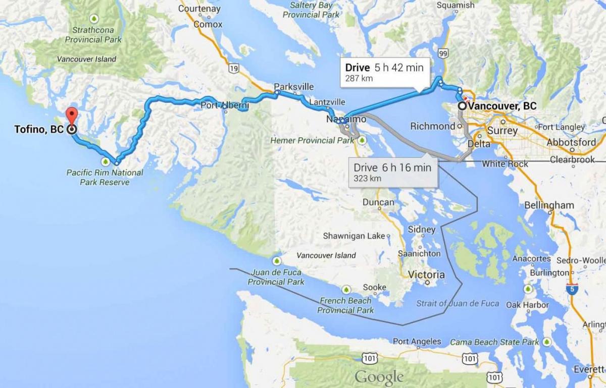 Карта Тофино на острове Ванкувер 