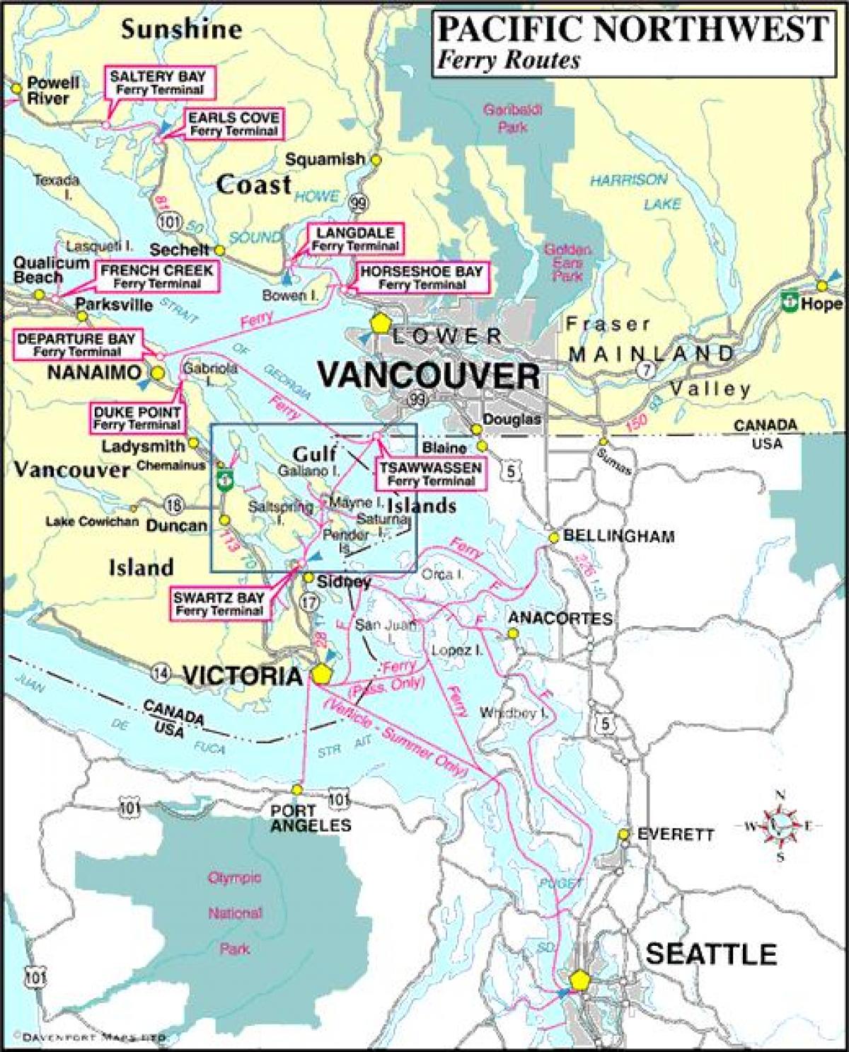 Ванкувер остров паромных маршрутов по карте