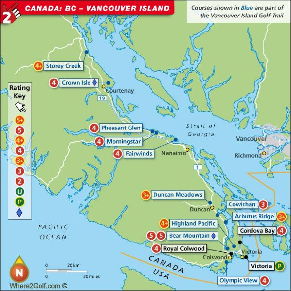 Карта острова Ванкувер полей для гольфа 