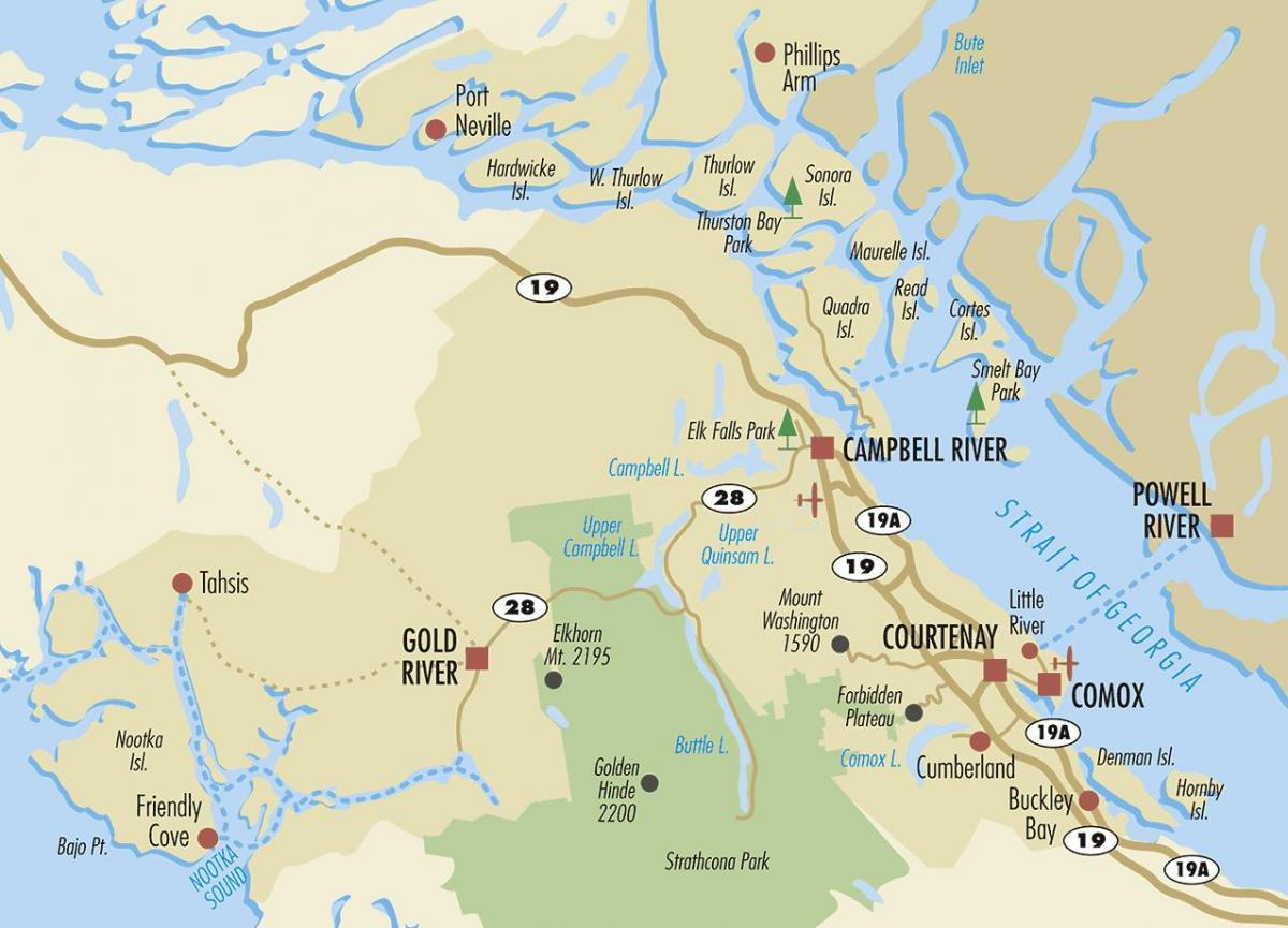 Кэмпбелл Ривер на карте острова Ванкувер 